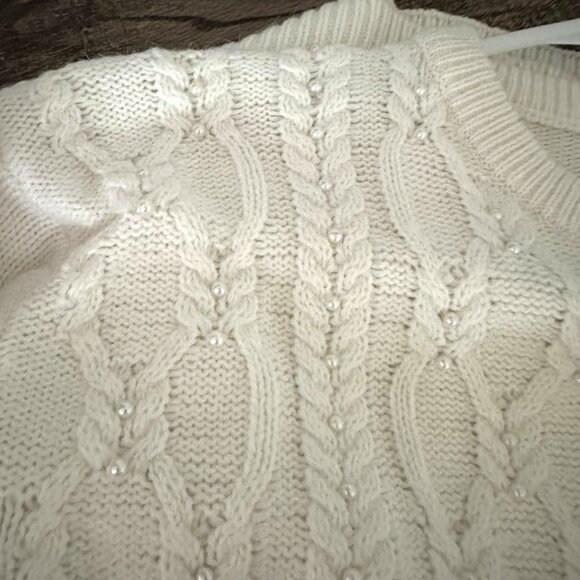 vintage 80s ACRYLIC CREWNECK PEARL SWEATER cable knit long sleeve ivory XL - Picture 4 of 7